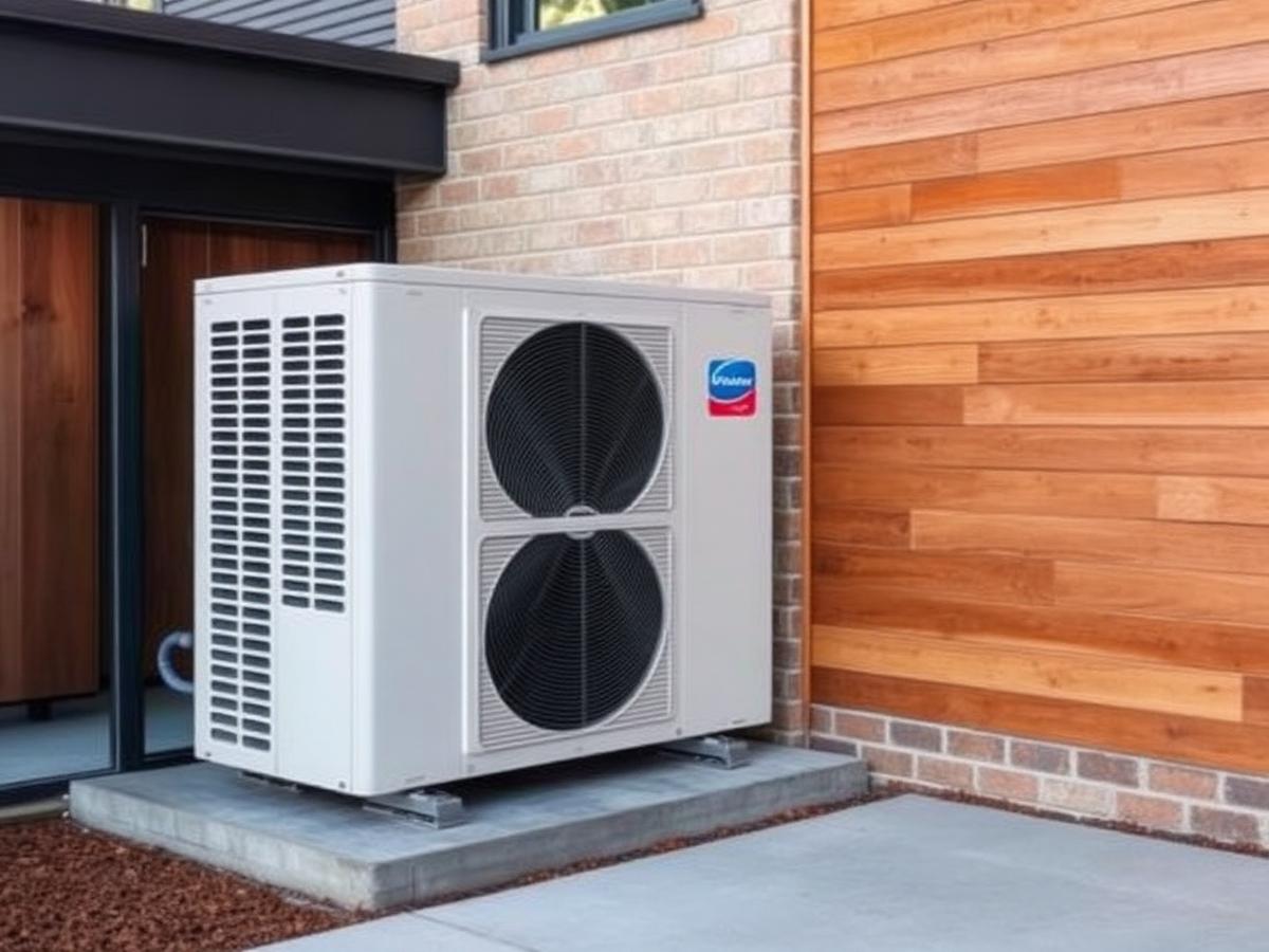 Illustrative example of a heat pump hot water system beside a home
