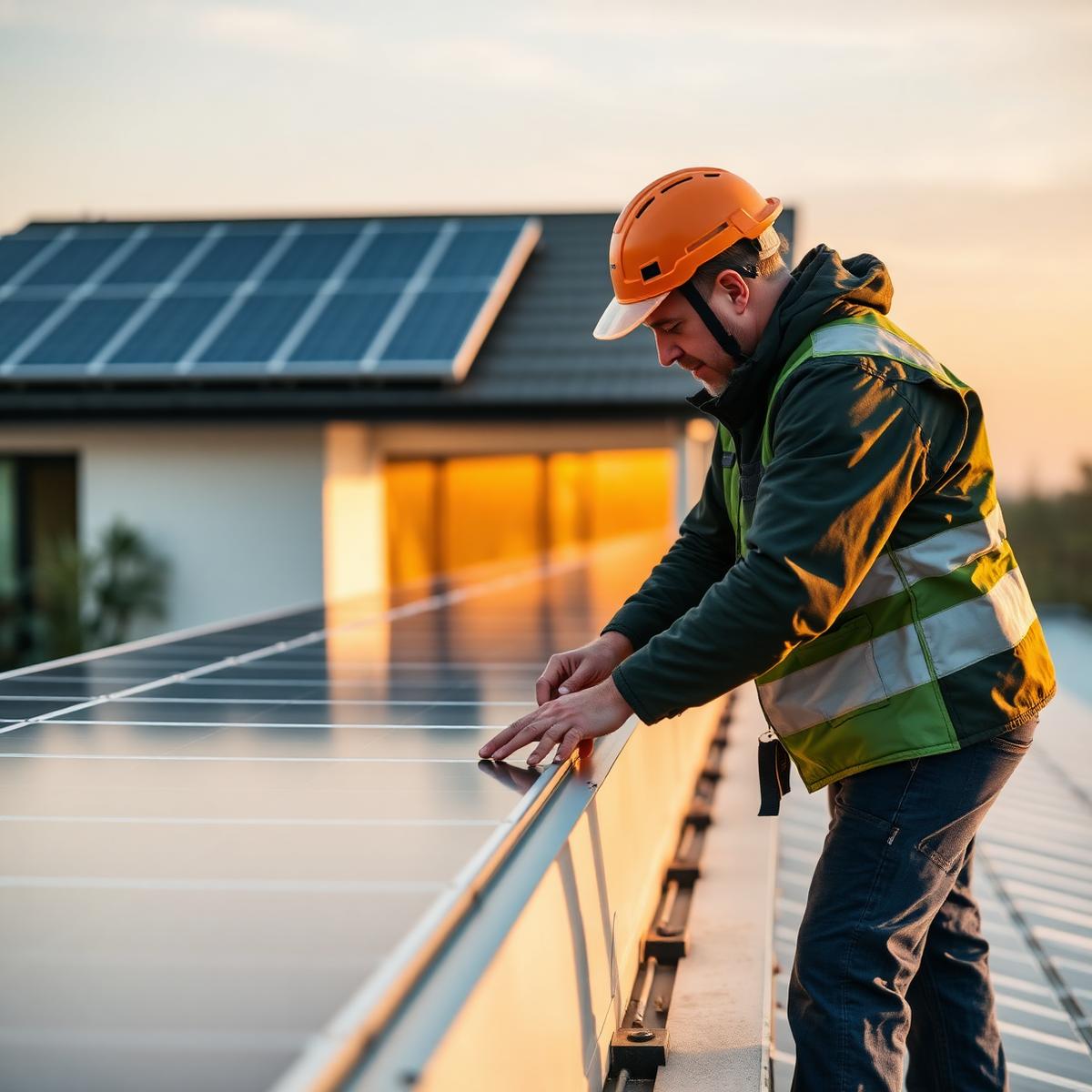 Licensed electrician aligning solar panels on a Melbourne rooftop at golden hour